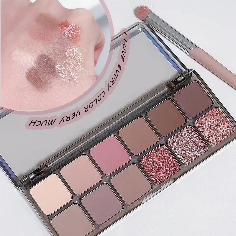 12 Colors Eyeshadow Palette Waterproof Sweatproof Matte Glitter Pearlescent Earth Color Eyeshadow Makeup