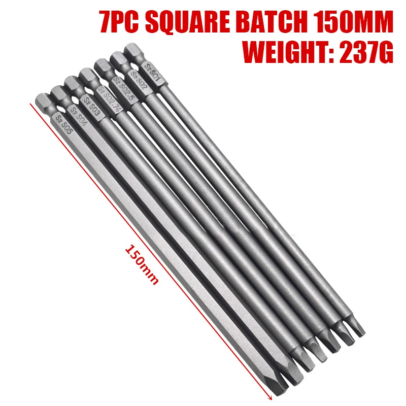 

7Pcs Square Driver Bit Square Head S2 Alloy Steel SQ2 150mm Hand Tool Accessory For Hand Screwdriver Electric Drill Air Drill
