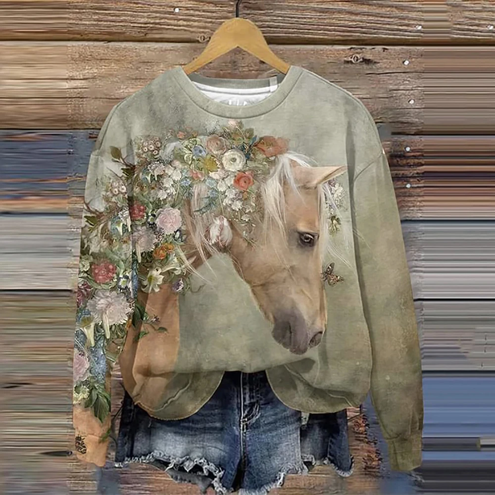 3d Horse Printing Women Hoodie Autumn Pullover O-Neck Vintage Sweatshirts Women Fashion Casual Female Loose Clothes