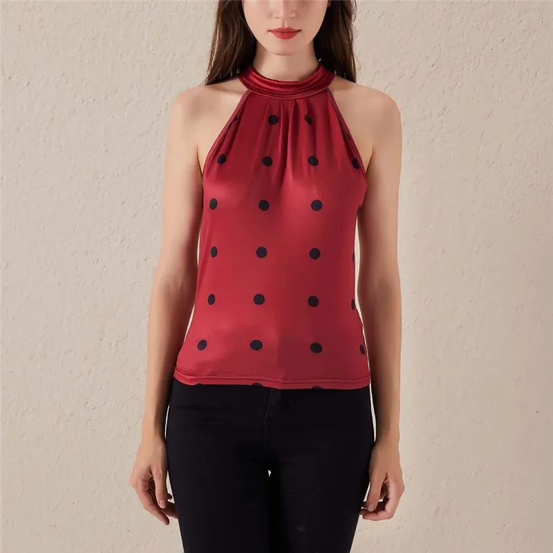 Sexy Women Tight Slim Sleeveless Tank Vest Fitness Halter Shirt Top Fashion Printed Dot Womens Tees Tops New 2023