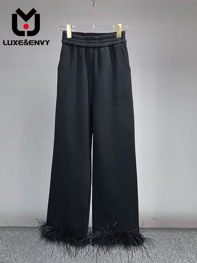 

LUXE&ENVY Elastic waist feather design black pants casual pants female new straight leg pants sports