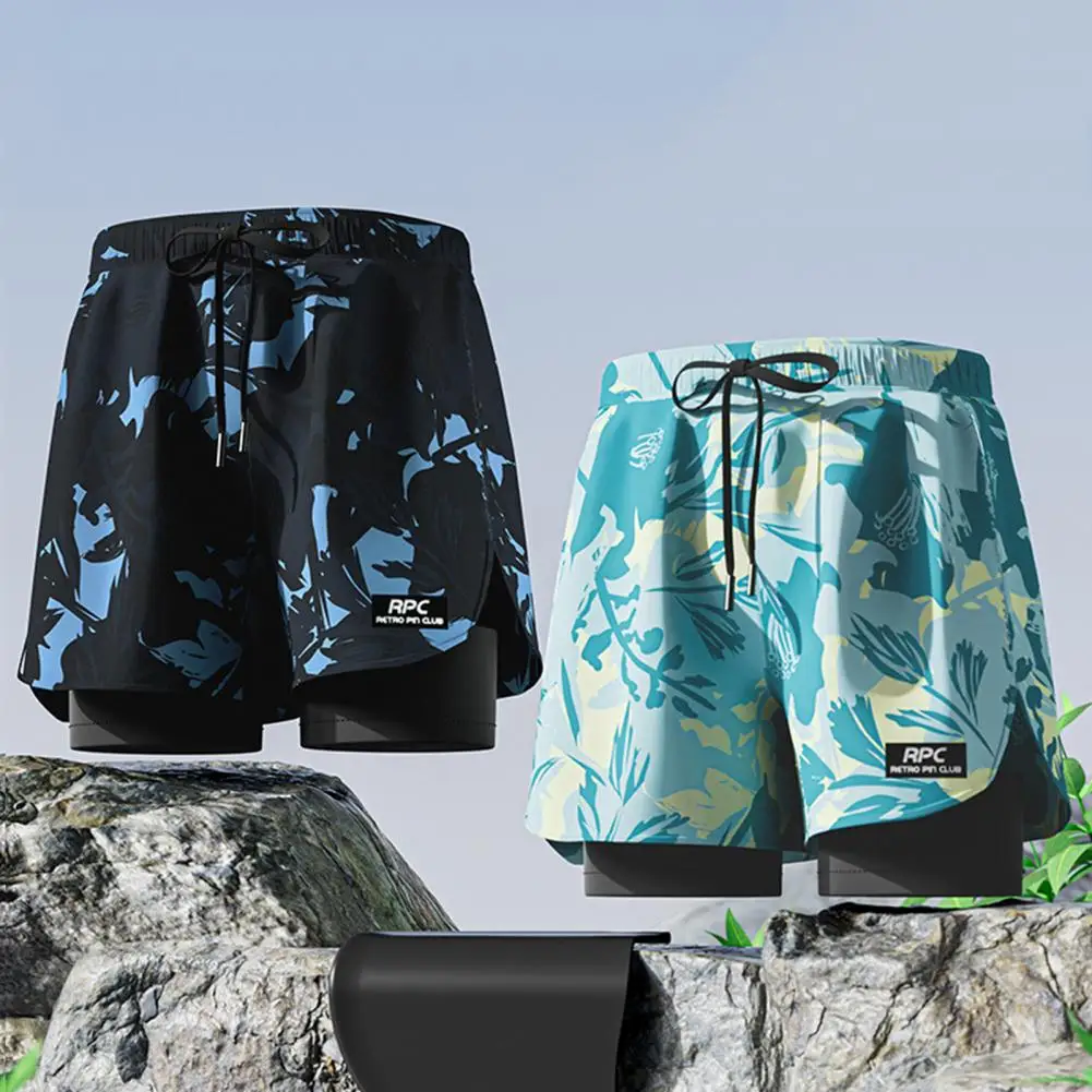 Swim Shorts Men's Elastic Waist Drawstring Swimming Shorts with Compression Liner Pockets Summer Swim Trucks for Supportive