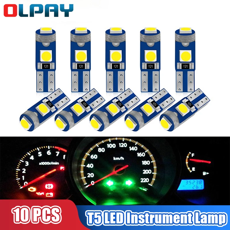 LED Car Lights 10Pcs T5 LED Bulb Car Instrument Lamp W3W W1.2W 12V Led Canbus Lights Dashboard Warming Lamp Indicator Wedge Car Interior Lights