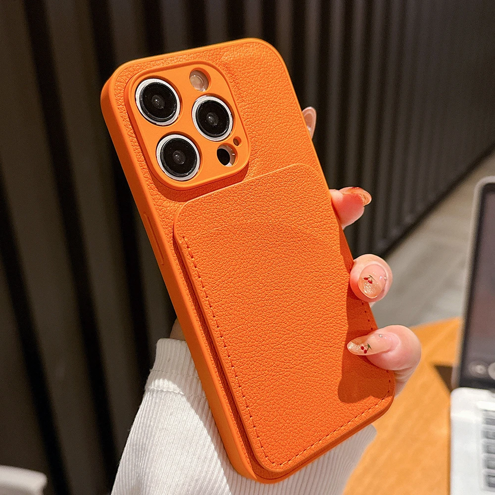 Luxury Leather Slot Card Case with Camera Protection and Soft Silicone Cover