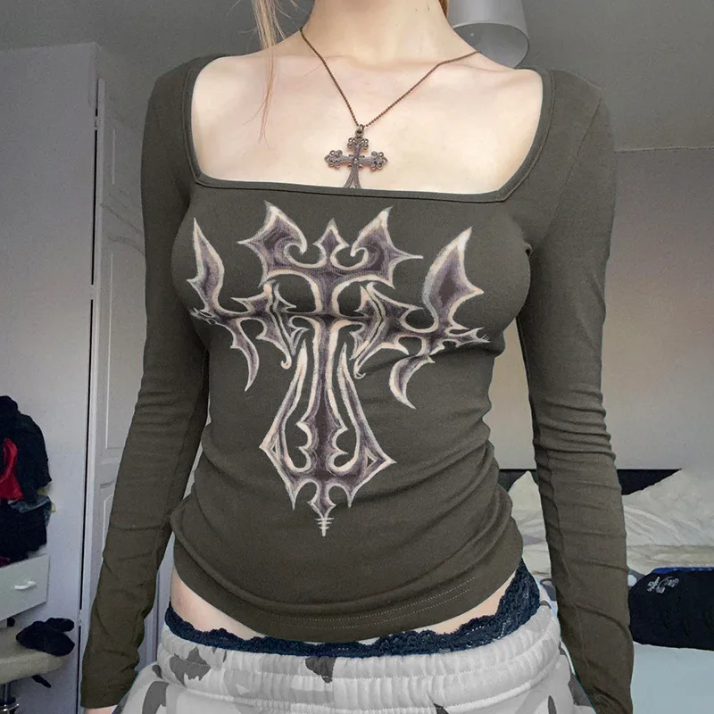 

2023 Graphic T Shirts y2k Women Fairycore Grunge Square Collar Long Sleeve Crop Top 2000s Clothing Streetwear Aesthetic