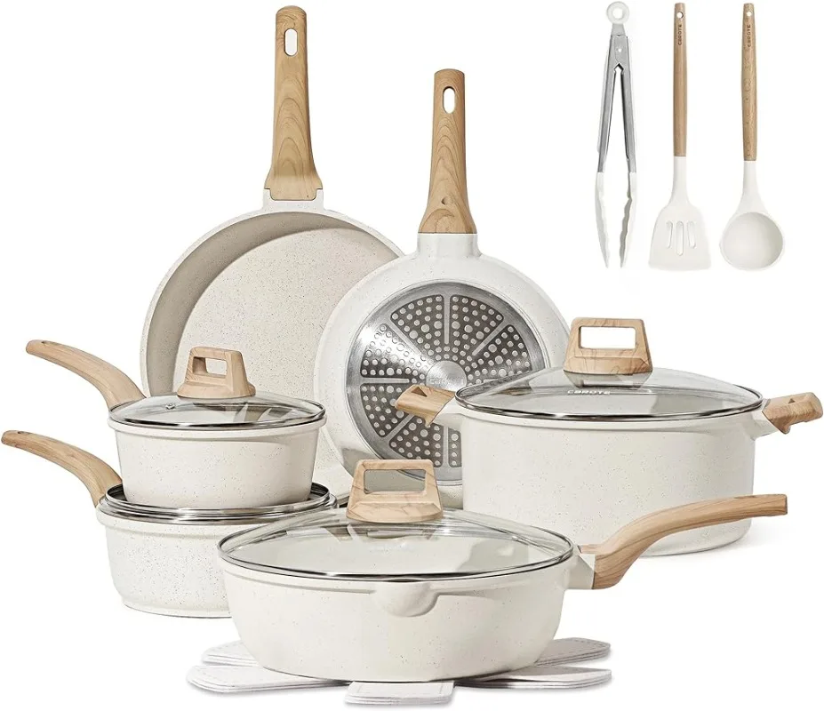

Pots and Pans Set Nonstick，White Granite Cookware Sets Induction Cookware，Cooking Set w/ Frying Pans & Saucepans(PFOS，PFOA Free)
