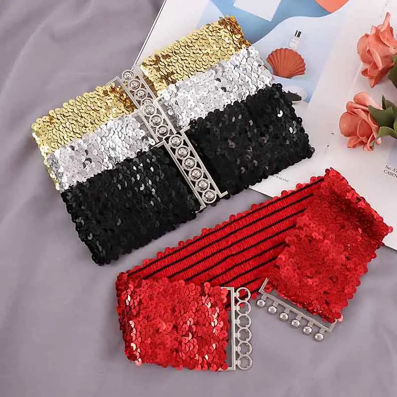 

2022 Fashion Ladies Waistband Charms Women Elastic Sequin Belly Waist Belt Casual Stretch Belt Buckle Corset Wide Waist Belts