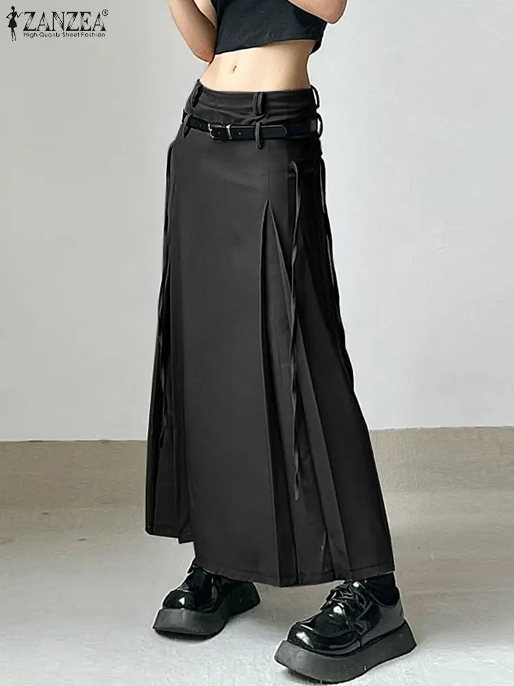 

Holiday 2024 Spring A-line Skirts ZANZEA Women Solid Maxi Skirts Fashion Korean Low Waist Jupe Vintage Pleats Lace-up Faldas