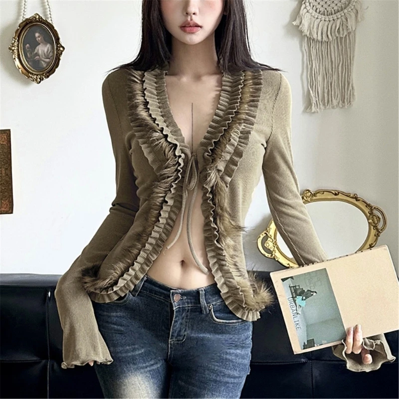 

Women Sexy Tie Front V-Neck Bodycon Short Cardigan Long Sleeve Ruffle Furry Trim Knitted Sweater Crop Top Outwear 066C
