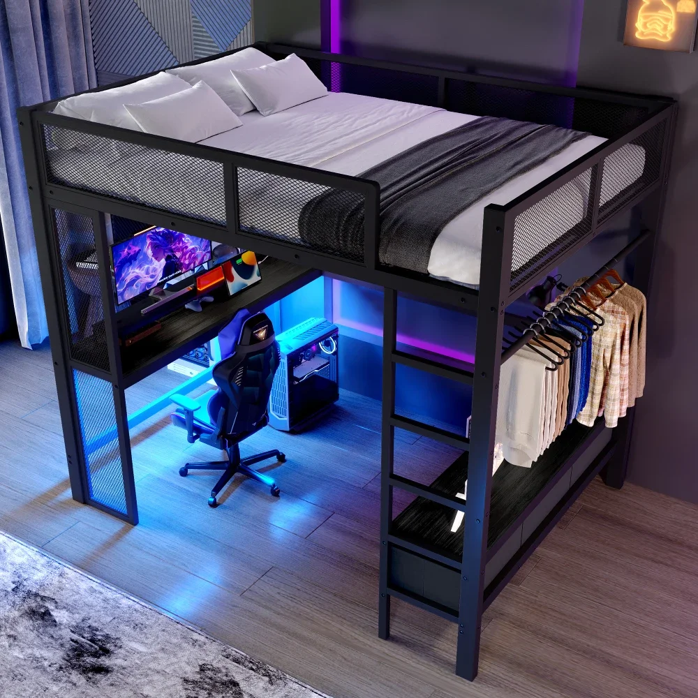 140 x 200 cm großes modernes Kinderzimmer-Metallbett, mit offenem Kleiderschrank und 3 Schubladen, Bett mit USB und LED-Licht, kontinuierliches Gittergeländer – Detail 7