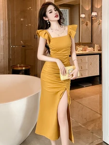 New Summer Elegant Women Evening Dress Chic Casual Sexy Square Collar Sleeveless Slim Midi Party Prom Robe Femme Mujer Vestidos