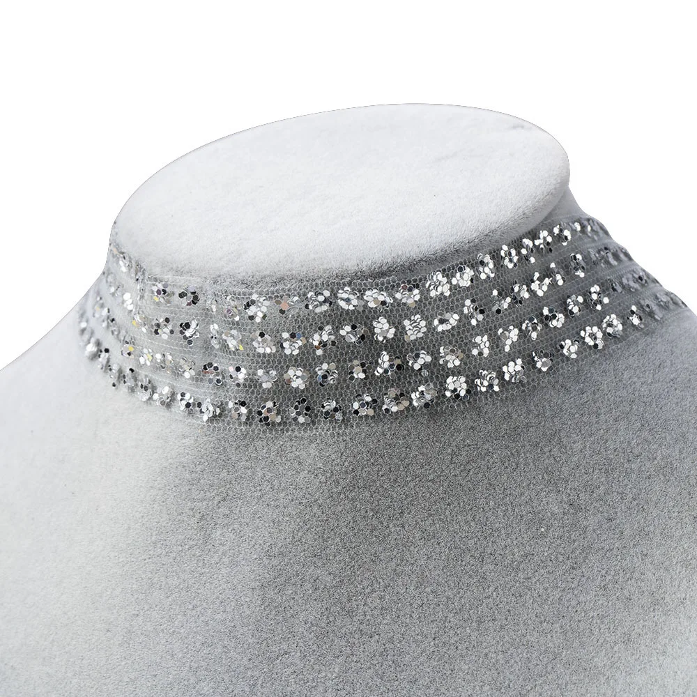 Sexy Wide Metal Collar Choker Necklace for Women Shiny Sequins