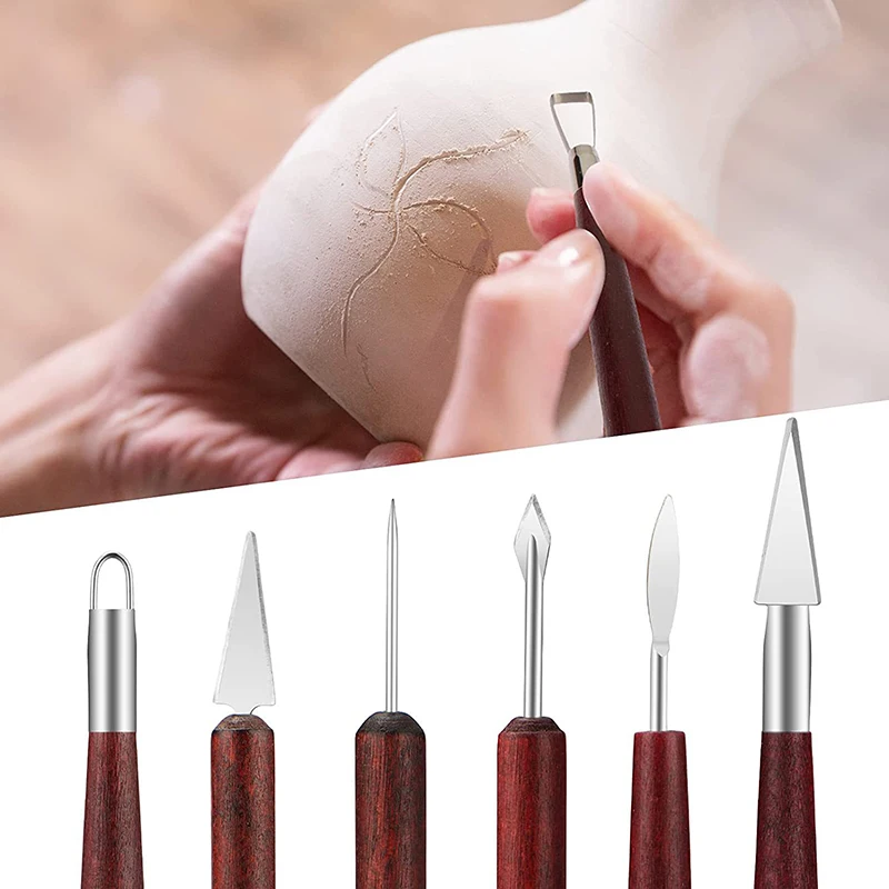 6-piece Set of Pottery Clay Tools Carving Smooth Red Wooden Handle Clay Pottery Ceramic Sculpting Creative Tools