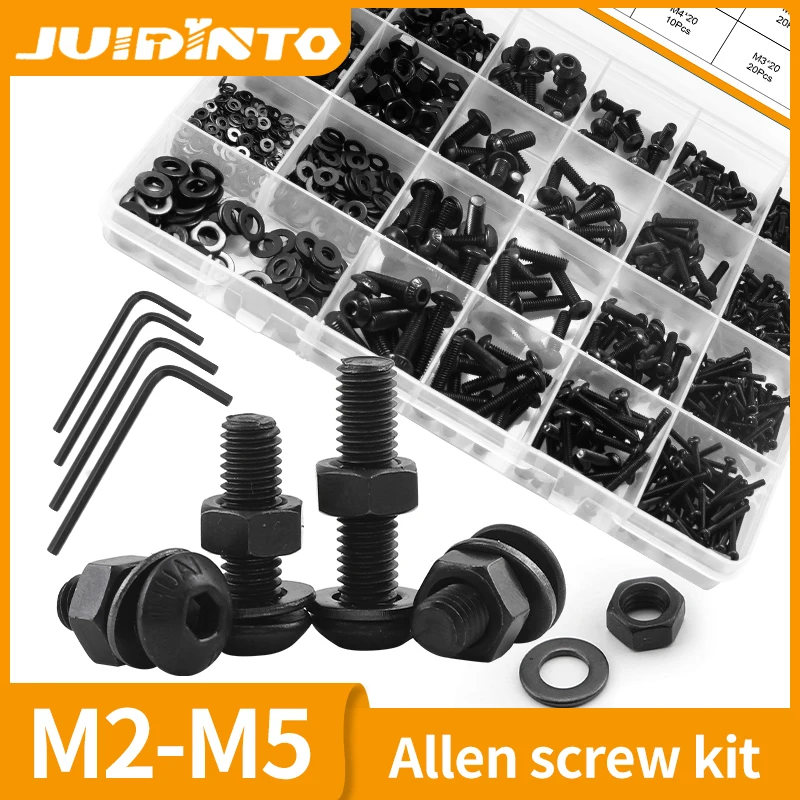 Juidinto-botão Cabeça Hex Soquete Cap Parafuso e Kit Variedade Porca Aço Carbono Allen Parafuso Conjunto com Chave Hex m2 M2.5 m3 m4 m5