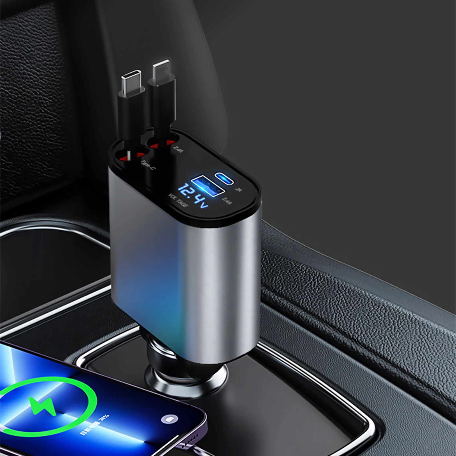 

4 в 1 Автомобильное зарядное устройство с выдвижным USB-портом, 86 Вт