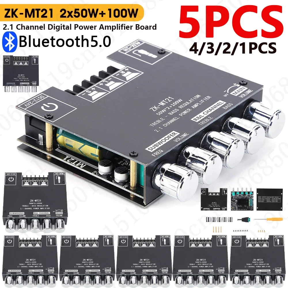 Audio Amplifier ZK-MT21 Digital Power Amplifier Board 2x50W+100W 2.1 Channel Subwoofer AUX 12V 24V Audio Stereo Bluetooth 5.0 Bass Amplifier