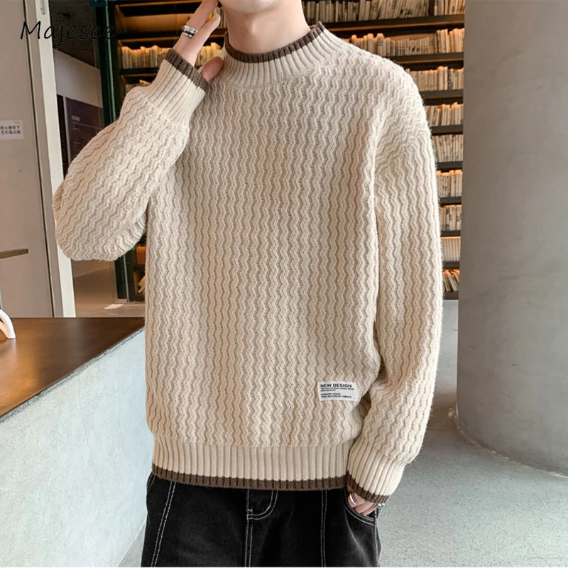 

Wave Cut Sweaters Men Loose Solid Teenagers Fitness Advanced Korean Style Temperament Chic Tender Retro Leisure Simple Unisex