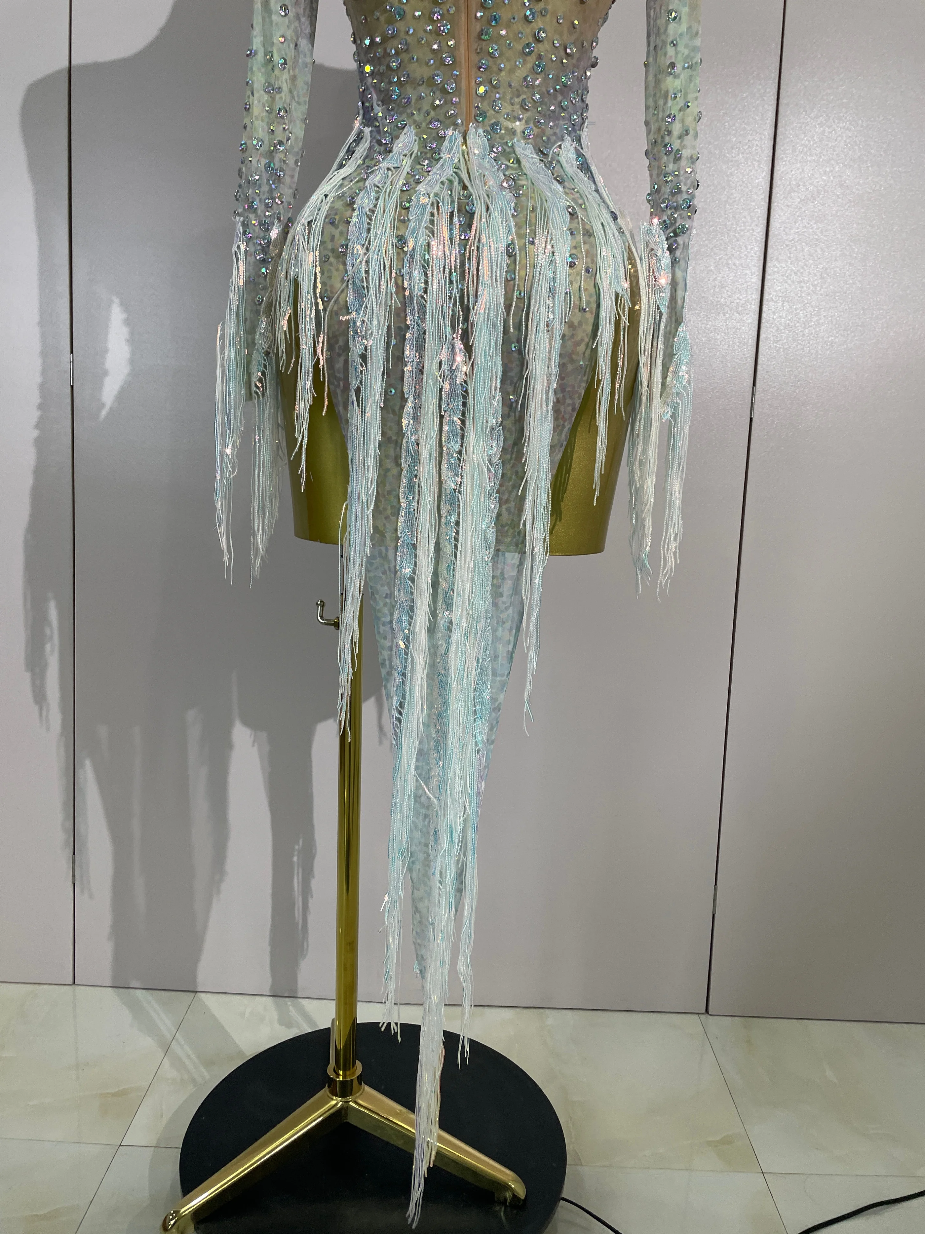 Sexy Mesh See Through Sparkly Rhinestone Tassel Long Sleeves Mini Dress 2026 Women Latin Dance Nightclub Party Club Stage Wear