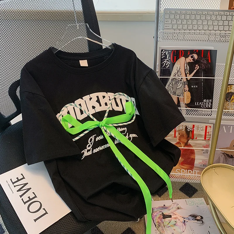 

Футболка женская хлопковая с круглым вырезом, модный свободный однотонный топ с коротким рукавом, украшенный принтом, белый черный, лето 2023