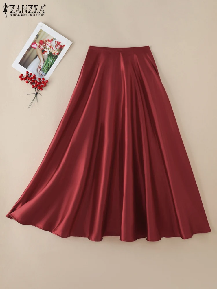 2025 ZANZEA Fashion Elegant Party Skirts Spring Summer Satin Skirt Women High Waist A-line Work Vestidos Jupe Solid Faldas Saia 4