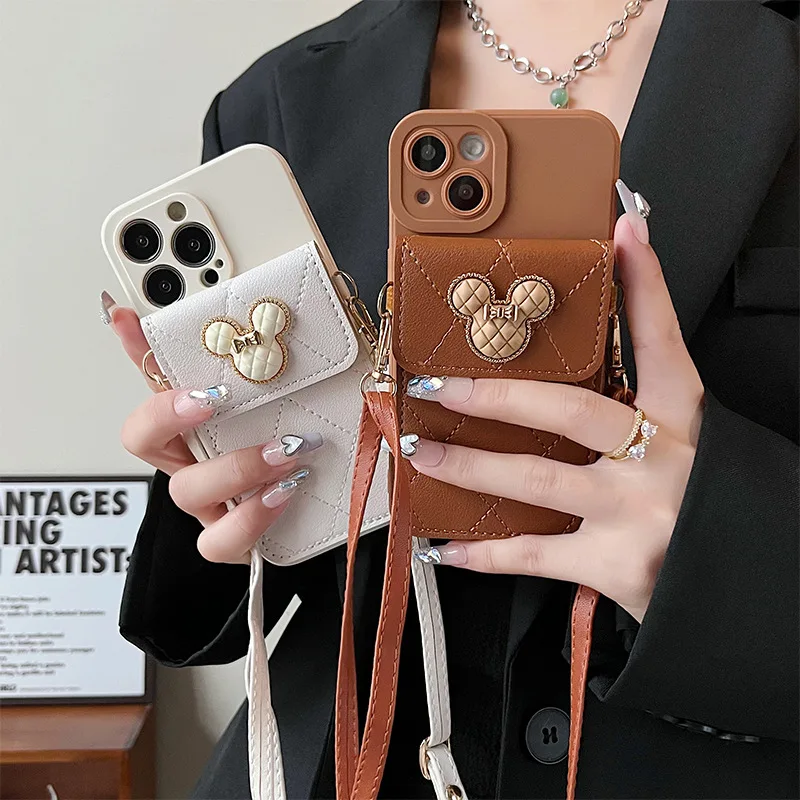 Cartoon Diamond Leather Wallet Soft Case for IPhone 14 13 11 15 Pro Max 12 Mini XS XR X 8 7 Plus SE2022 14Pro With Lanyard Cover