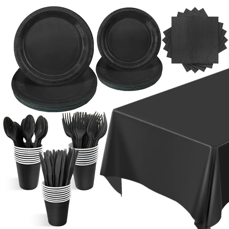Solid Black Theme Cutlery Birthday Party Paper Disposable Tableware Paper Napkins Cups Plates Tablecloth Fork spoon Party Decor party decorations disposable wooden tableware