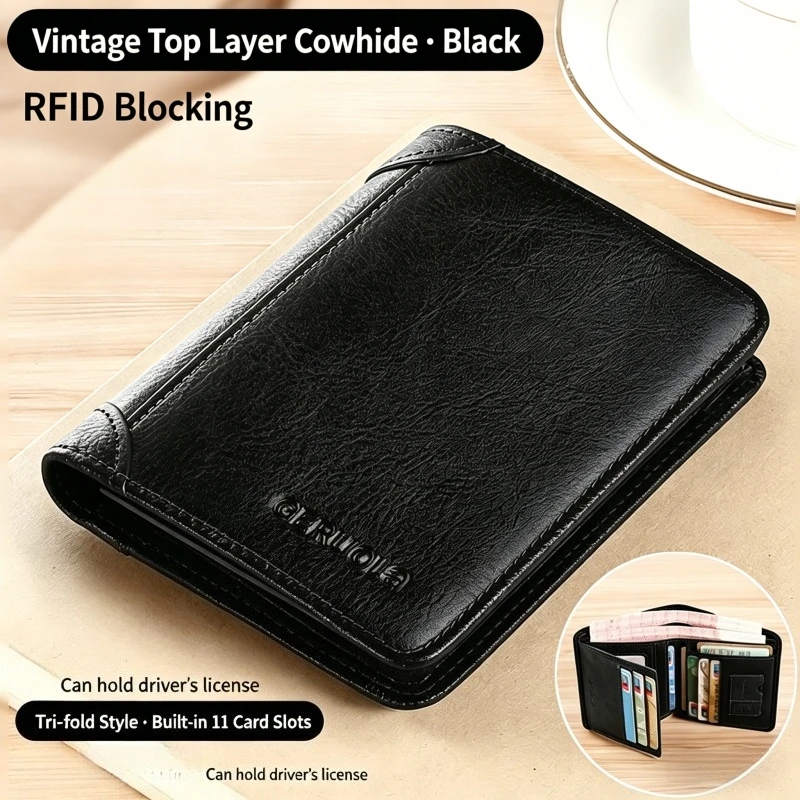 Premium Genuine Leather RFID Blocking Trifold Men's Wallet with ID Window and Card Holder
