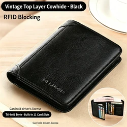 Premium Genuine Leather RFID Blocking Trifold Men's Wallet with ID Window and Card Holder (Black)