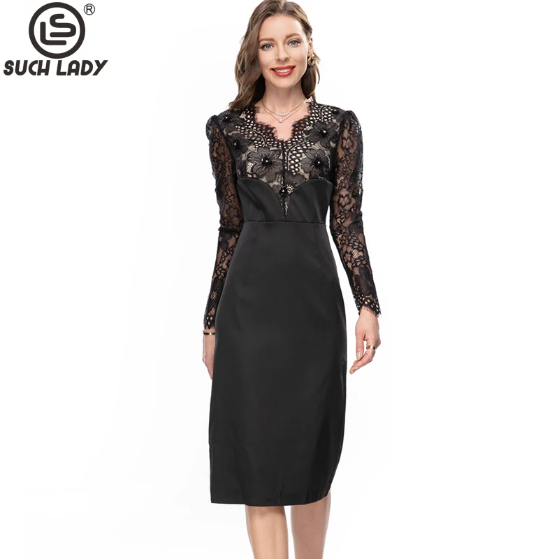 

Women's Runway Dresses Sexy V Neck Long Sleeves Lace Bodice Pathwork Split Fashion Pencil Vestidos
