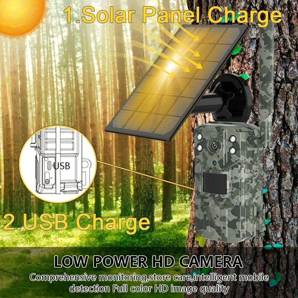 4G Solar Hunting Trail Camera 14MP 4g SIM Card Waterproof 20M PIR Motion Detection Wildlife Camera with 30M Night Vision Device