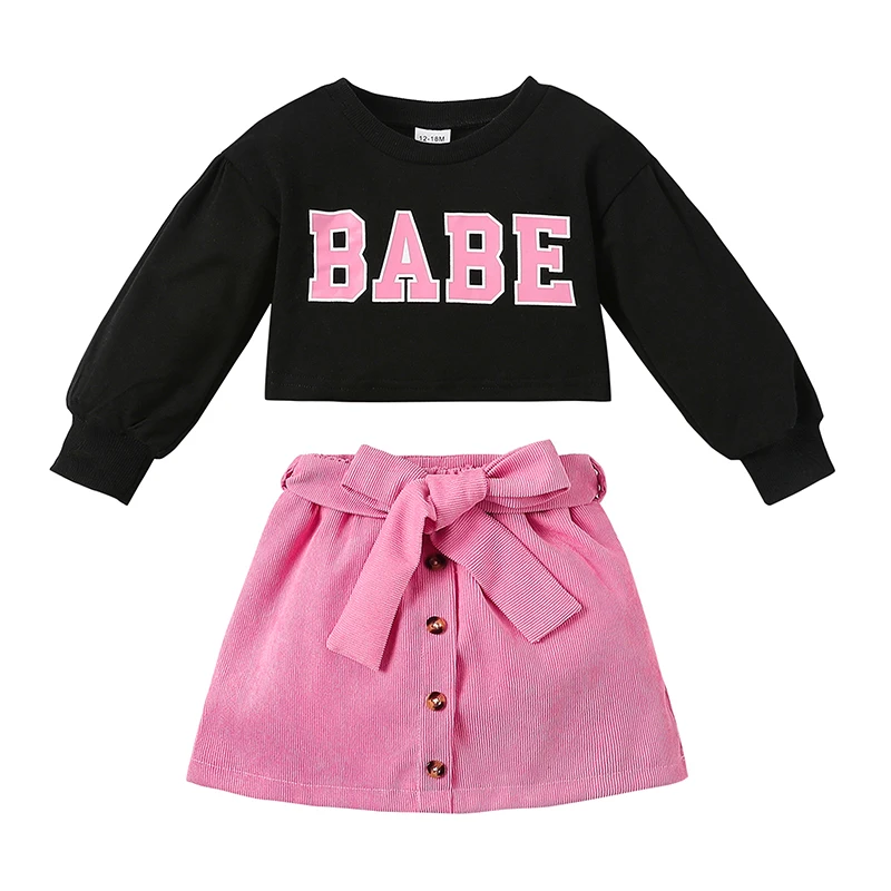 

Toddler Girls 2Pcs Fall Outfits Long Sleeve Letter Print Crop Tops Belted Skirt Set Kid Clothes