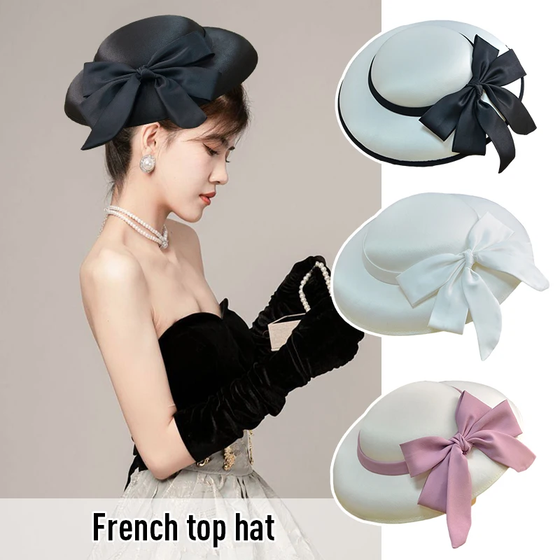 Womens Party Hat French Style Dinner Elegant Retro Bow Hat With Clip Bridal Wedding Wide Brim Fedoras Cap Headdress