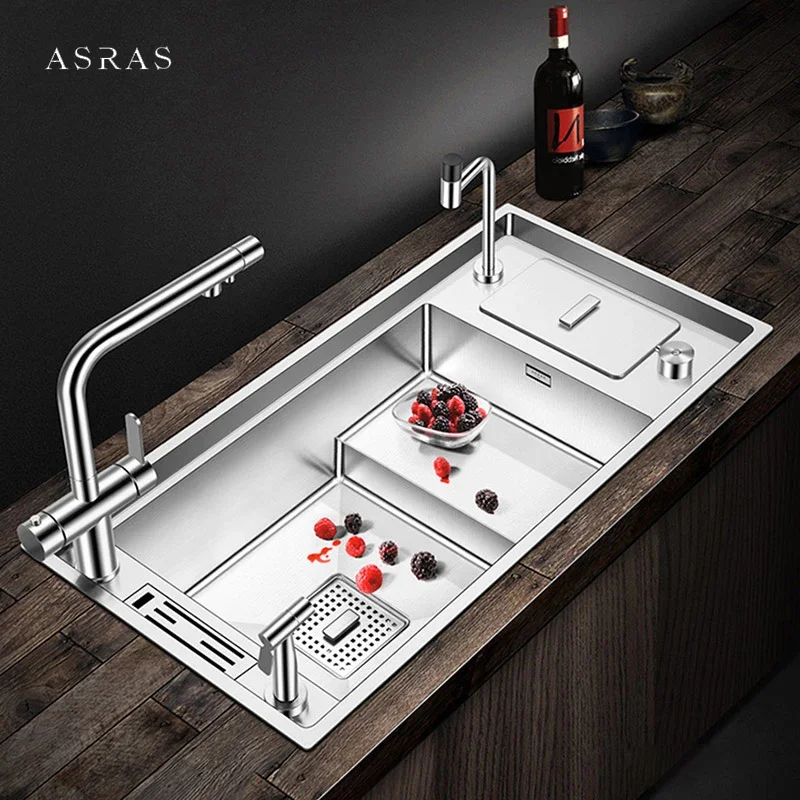 ASRAS 304 Stainless Steel Kitchen Stepped Sink 4mm Thickness 220mm Depth Large Size Handmade Brushed with Trash Can Sink asras 11850 nt nanometer large size single cup rinser kitchen sink 4mm thickness 220mm depth with drain plate knife holder sinks