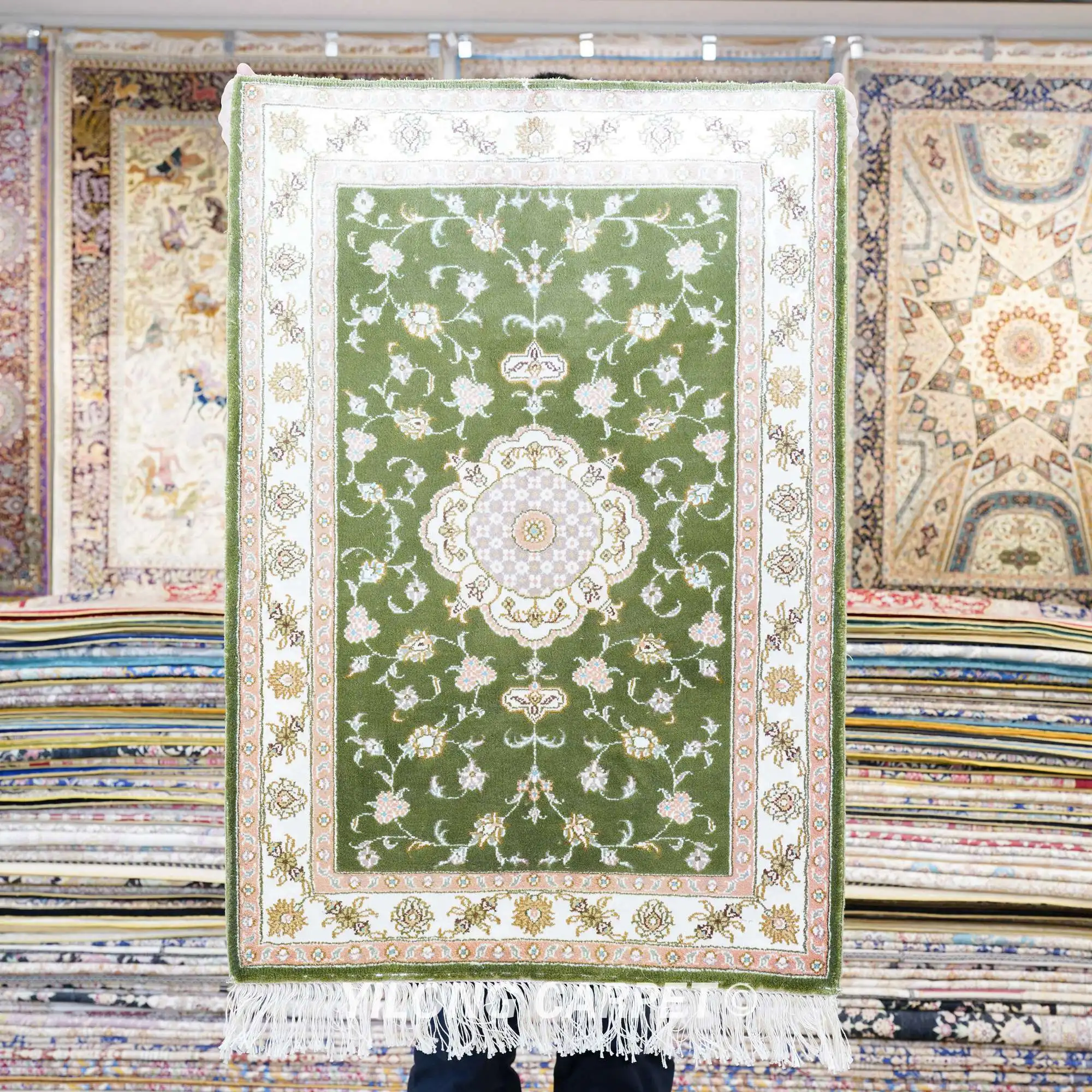 

61x91cm Handmade Persian Design Carpet Exquisite Tabriz Green Silk Rug (J16B)