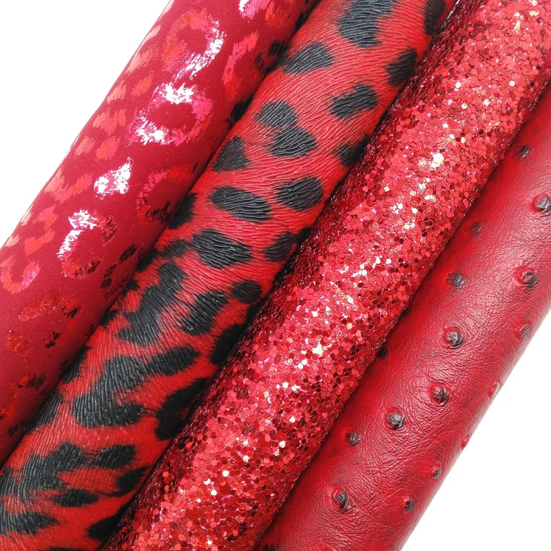 RED Glitter Fabric, Ostrich Synthetic Leather, Leopard Faux Fabric
