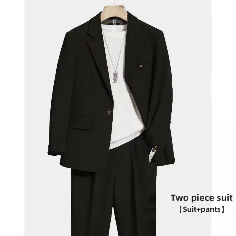 Men Fashion Spring Autumn Business Casual Office Suits New Suit Set Men Trendy Summer Korean Pure Color Loose Two-piece Set