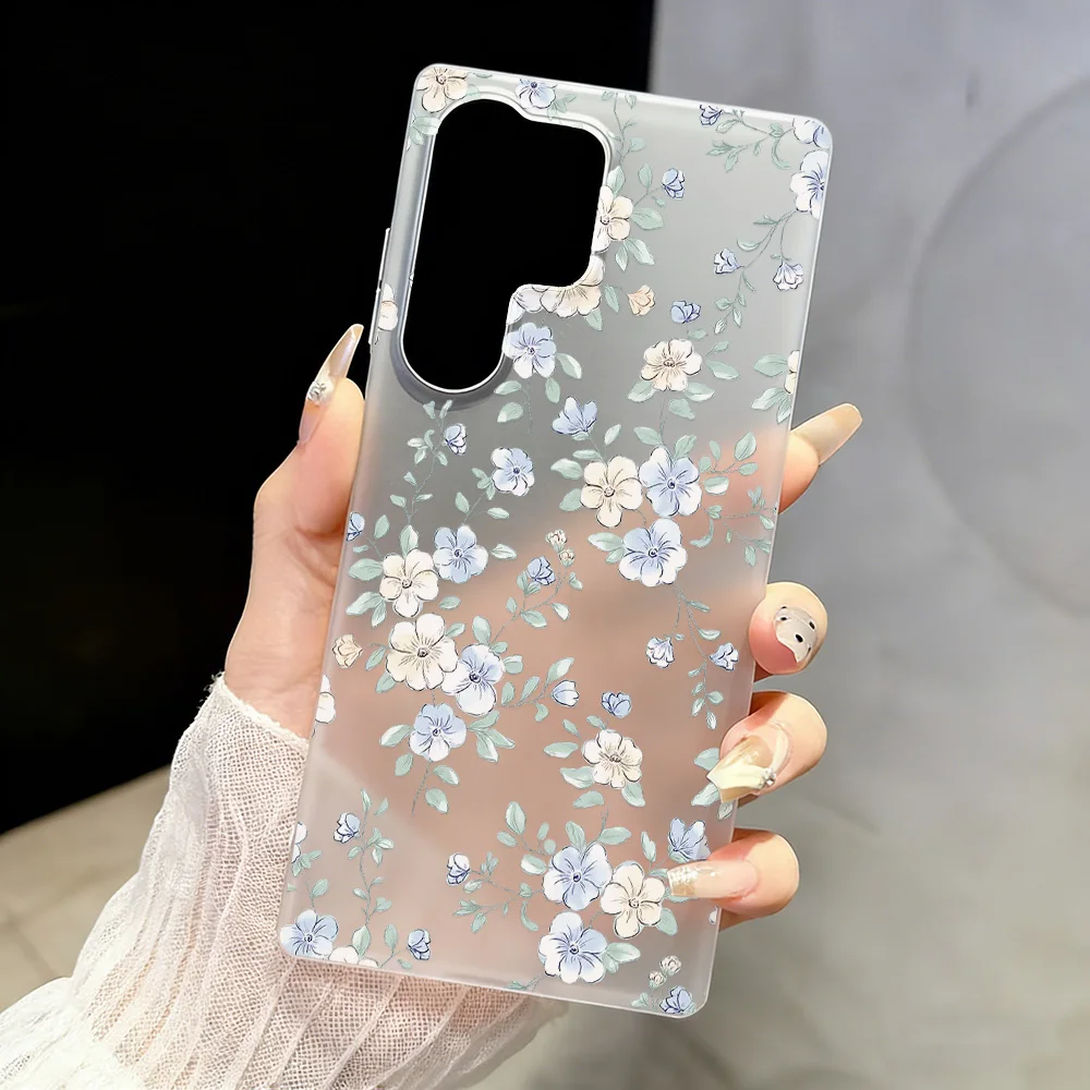 Matte White Clear Phone Case with Fresh Blue Flower Design