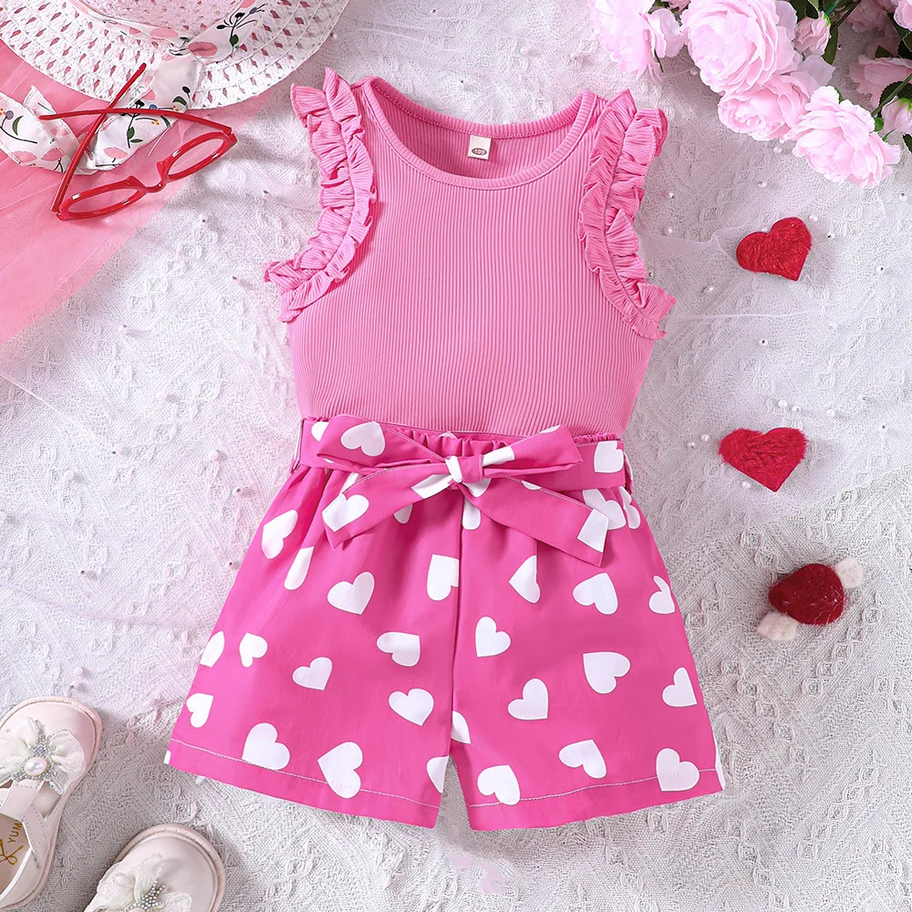 

Summer Child Clothes Sets Sleeveless O Neck Ruffles Tops Print Heart Pink Shorts 2 Piece Sets Designer Girls Clothes Sets 18M-7T
