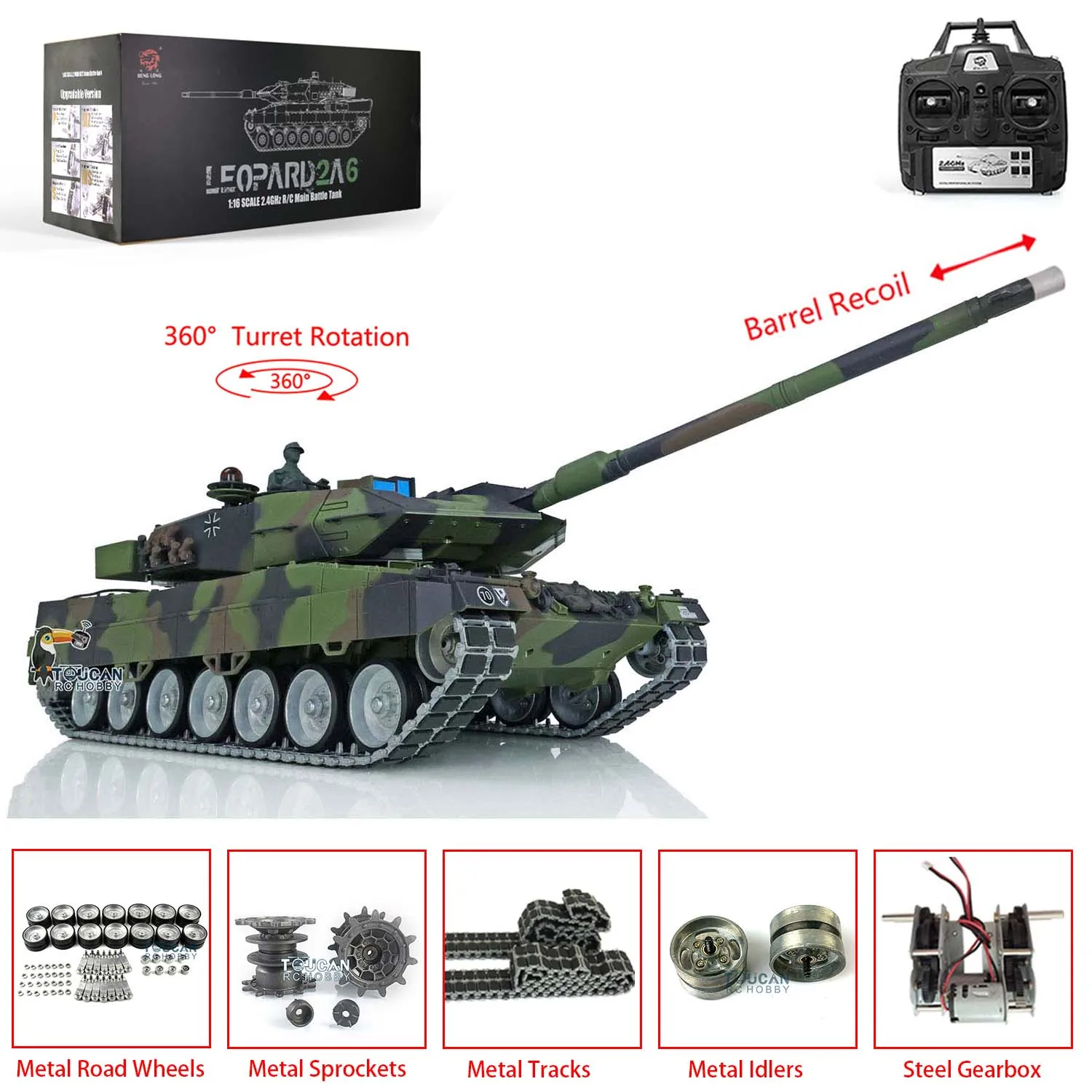 Toucan Controlled Toys 1/16 Heng Long 7.0 Leopard2A6 RC Tank 3889 Barrel Recoil Metal Tracks W/ Rubbers RTR  Car TH17593-SMT8 2