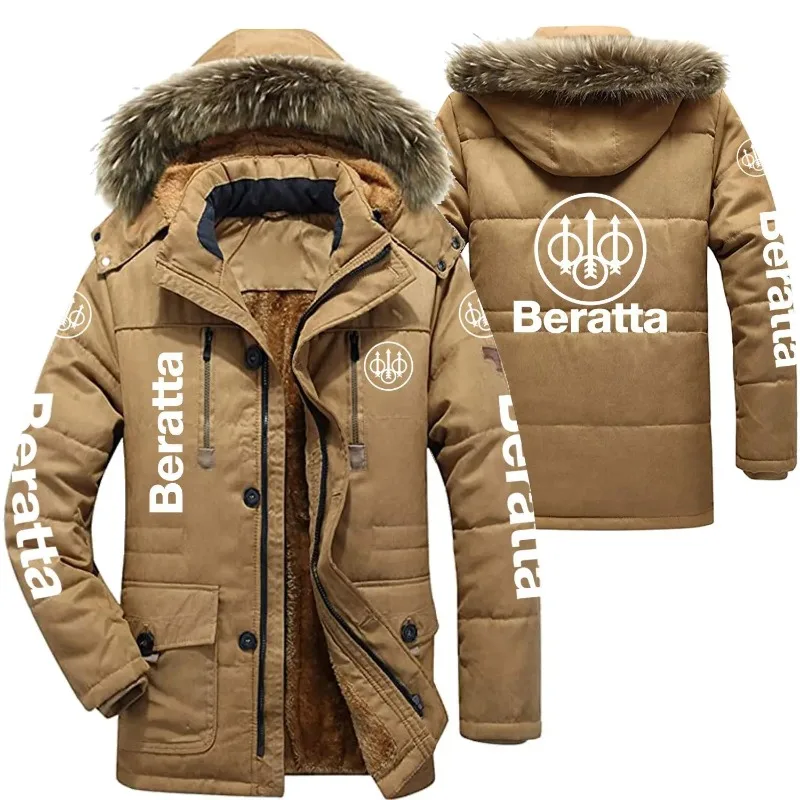 

Beratta LogoMen's Winter Cotton Jackets Hooded Parkas Lamb Fur Lining Plush Men Jacket Cold Thickening Fashion Motorcycle Jacket