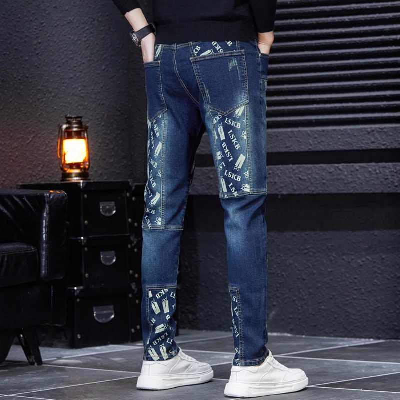 High Street Personality Jeans Men's Fashion Stitching Printing Trend Youth Men's Clothing Party Pencil Pants Motorcycle Trousers