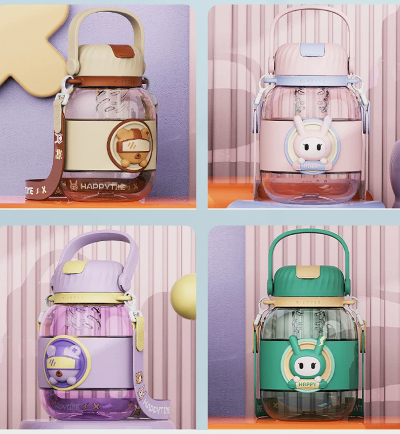 Kawaii Cute Student Children'S Water Cup Large Capacity Straw Plastic Cup Outdoor Sports Water Bottle Tons Water Bottle
