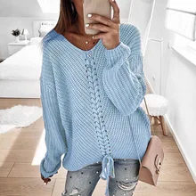 

European and American Women's Loose V-neck Pull Rope Back Pullover Knitted