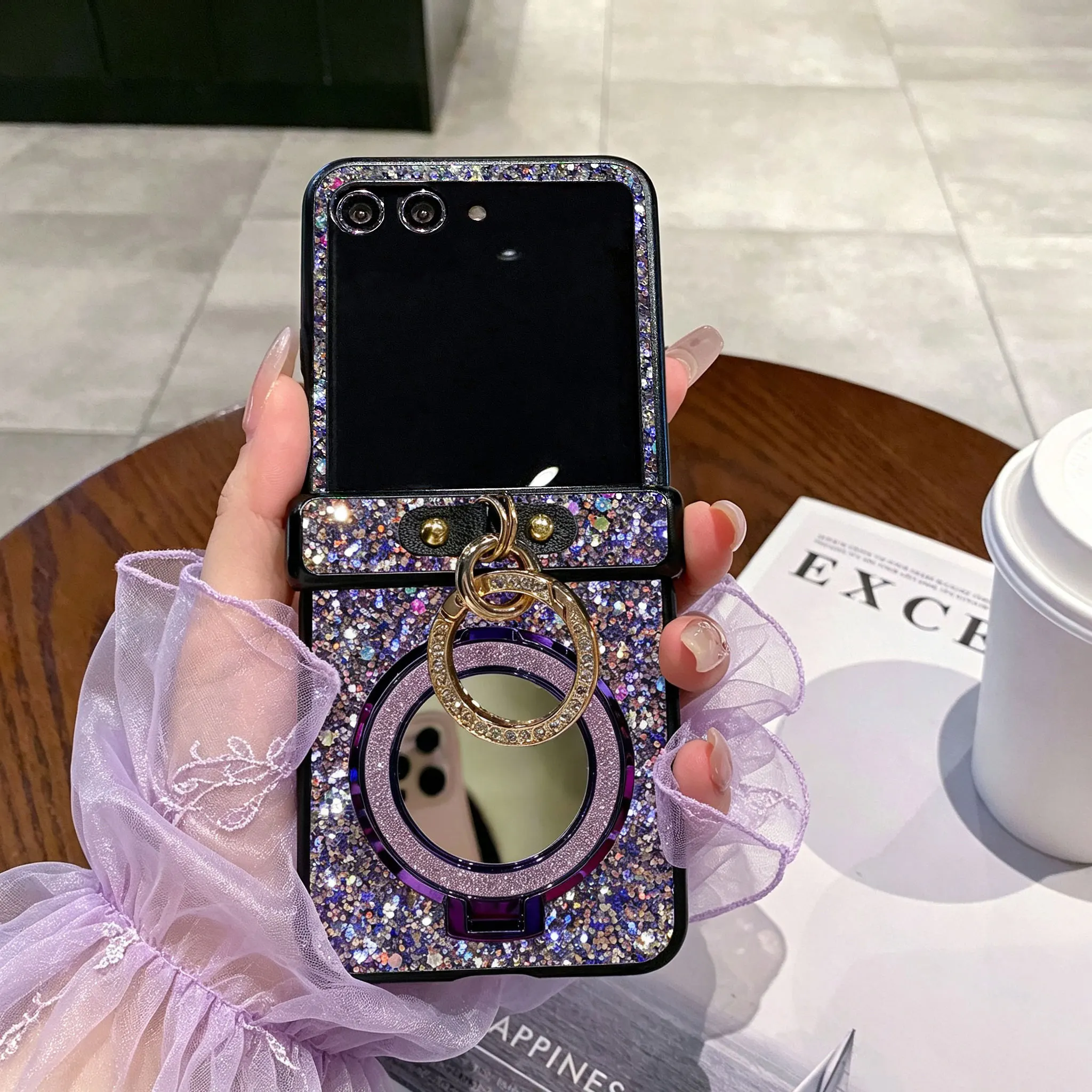 Korean Style Shiny Magnetic Mirror Phone Case with Faux Diamond Ring Buckle