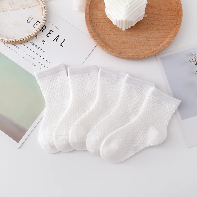 Children's Mesh Socks Medium Tube Pure Cotton Spring Summer Boys and Girls Thin White Socks Babies Breathable Socks 5Pairs 3