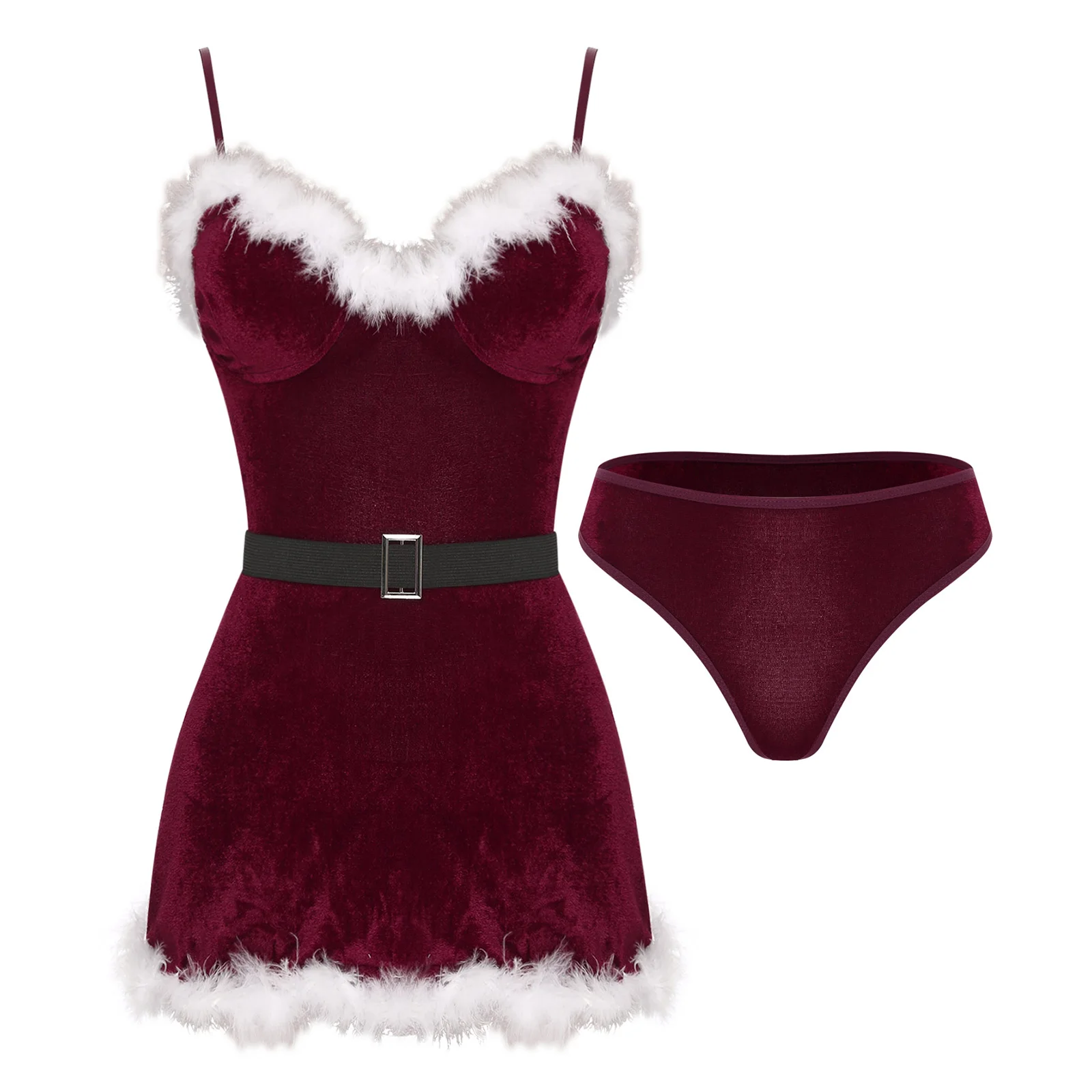 thumbnail image 1 of Disfraces de Navidad de Papá Noel para mujer, disfraces de Cosplay de terciopelo, adorno de plumas de felpa, vestido con cuello en V y bragas con cinturón, ropa de dormir para discoteca, 1 of 5