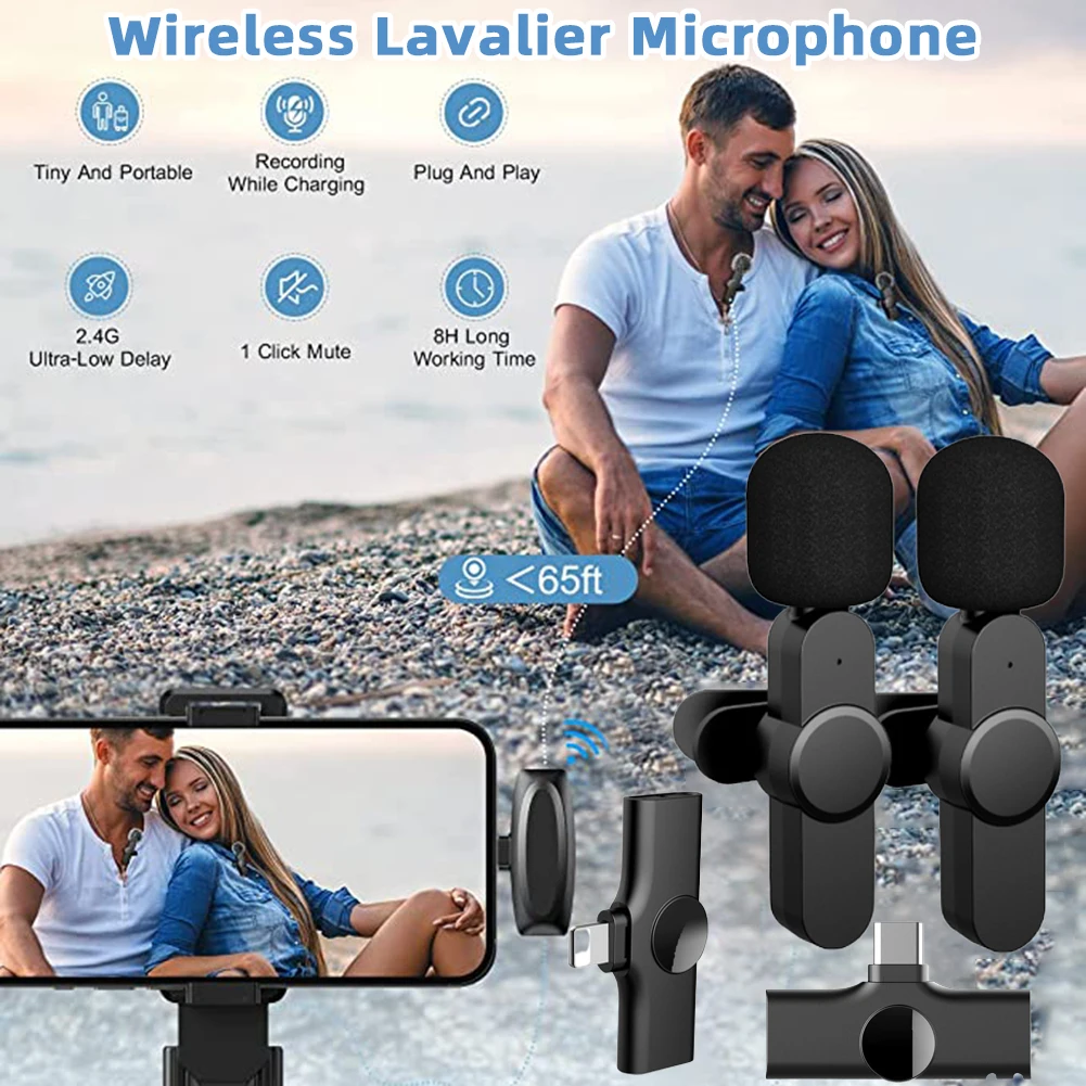 

Wireless Lavalier Microphone Portable Audio Video Recording Mini Mic for iPhone Android Live Broadcast Gaming Phone Sound Record