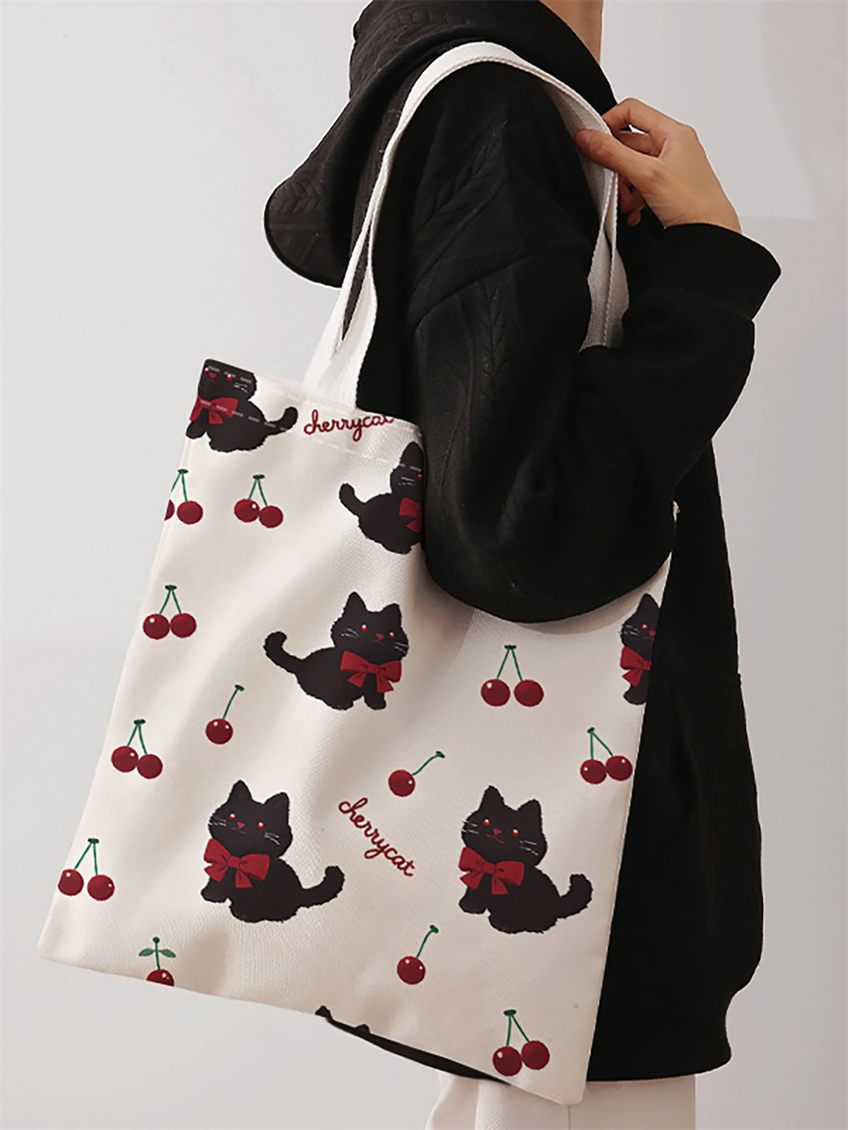 Cat and cherry printed casual handbag, reusable fashionable backpack, multifunctional handbag, canvas shopping bag