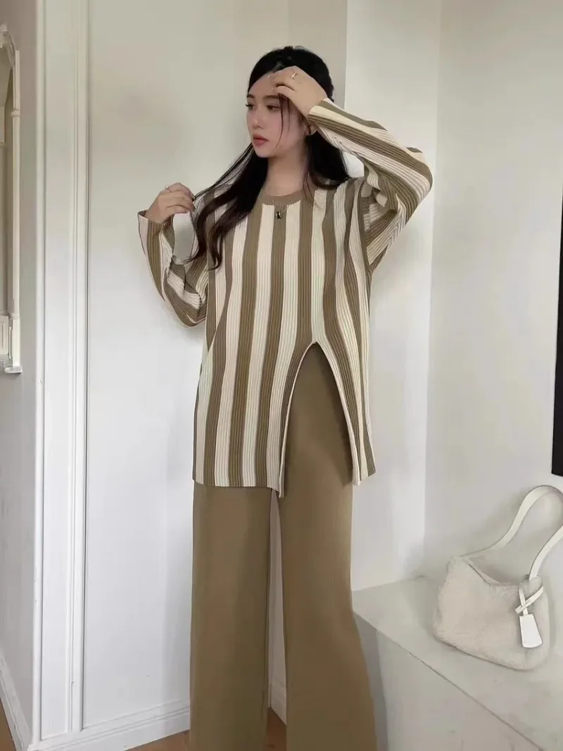 Striped Knitwear Fashion 2 Piece-Set For Women Contrast Long Sleeve Split Straight Trousers Outfits Women's Pants Sets