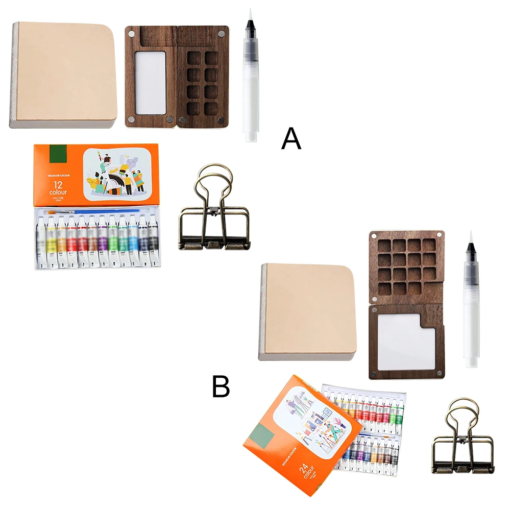 Travel Paint Palette Mini Watercolor Palette Set with Clip Portable Watercolor Set Wooden Grid Paint Box for School
